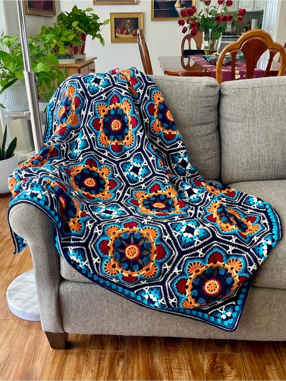 Crochet Throw Blanket, Blue & Orange, Persian Tile Style, Acrylic, 50” x 50”